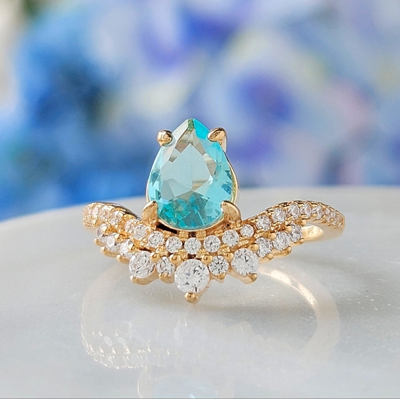 Blue and Teal tourmaline Pear Gemstone ring, 925 Sterling Silver Charmed Aroma - Picture 2 of 5